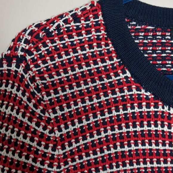 Talbots Cardigan Sweater Classic Red White Navy Snap Front Cotton Woven Sz M - Picture 6 of 10